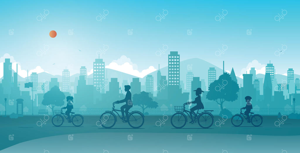 خانواده‌ای در پارک شهر دوچرخه‌سواری می‌کنند