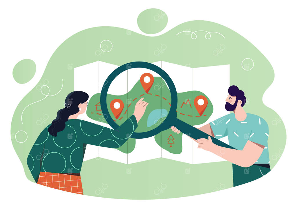 نقشه گردشگری: مرد و زنی با ذره‌بین در نزدیکی نقشه‌ای با مکان‌های مختلف برای مسافران