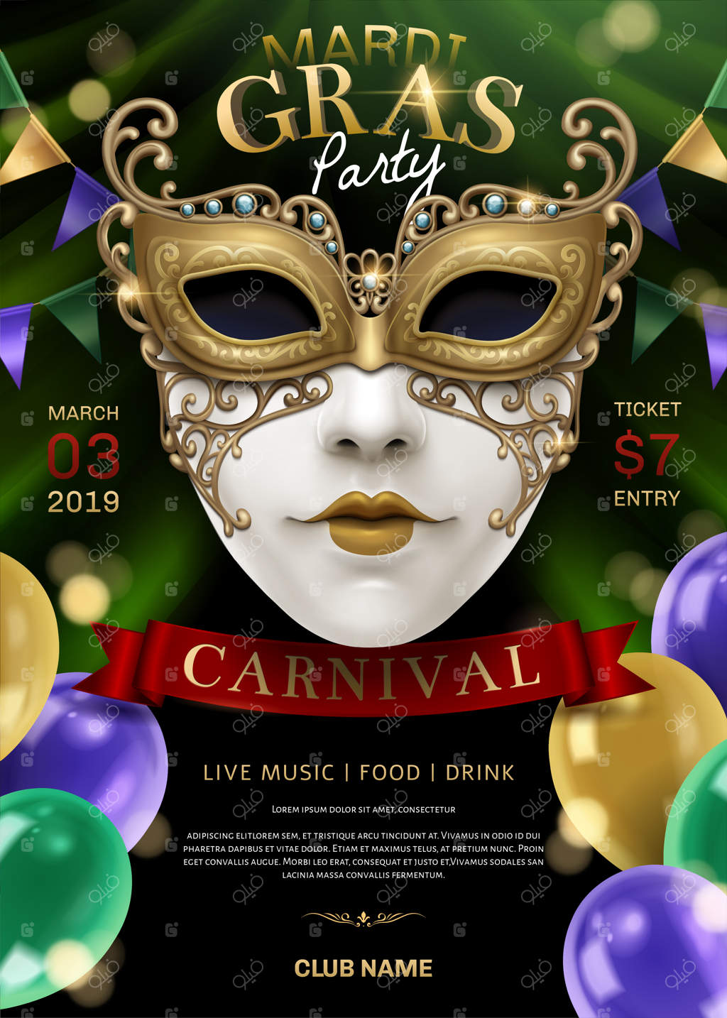 مهمانی ماردی گرا با ماسک سفید و بادکنک‌ها در تصویرسازی سه‌بعدی، با پس‌زمینه‌ای از جلوه‌های براق