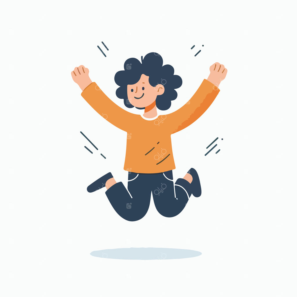 وکتور نوجوان مو فرفری در حال پریدن با خوشحالی، با سبک طراحی فلت ساده و مینیمال