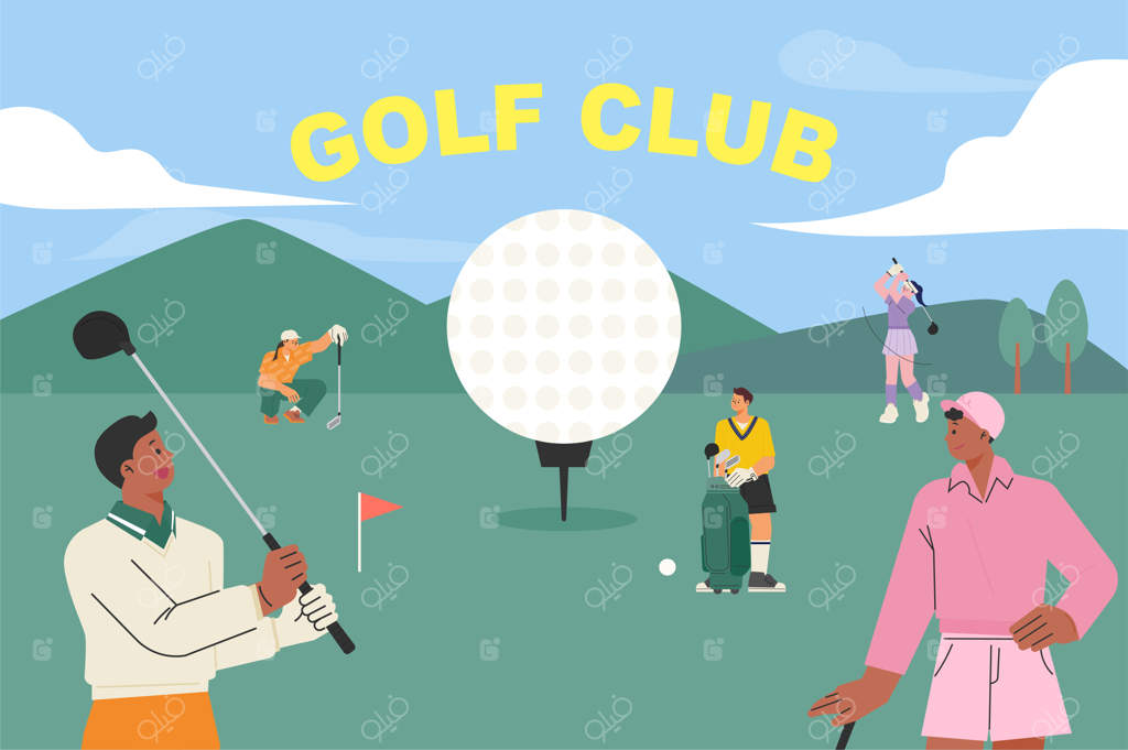 بسیاری از افراد با یک توپ گلف بزرگ در زمین بازی می‌کنند. تصویرسازی وکتور تخت.