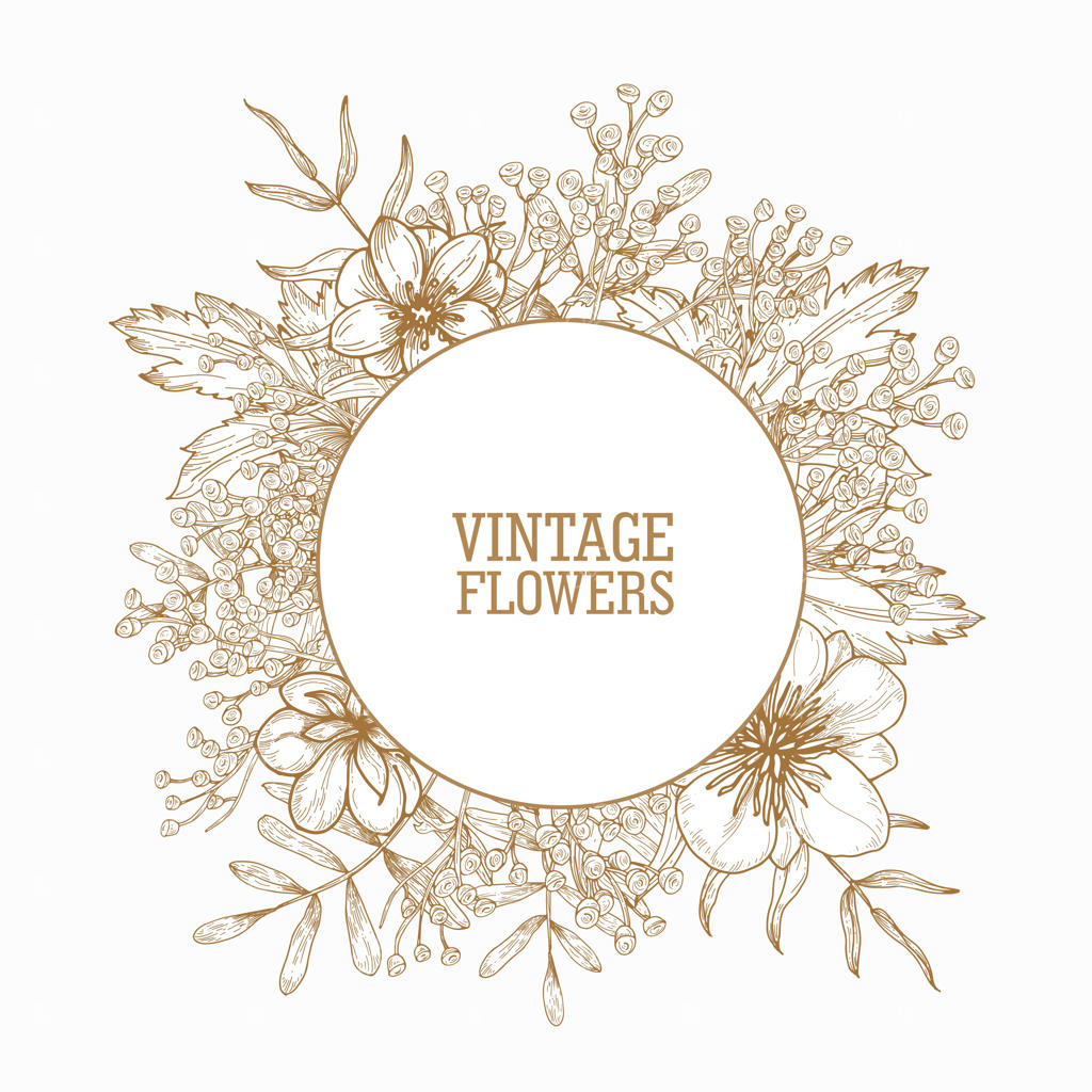قاب یا حلقه دایره‌ای تزیین شده با گل‌های وحشی و گیاهان گلدار بهاری با طراحی دستی روی زمینه سفید. تصویر بهاری به سبک کلاسیک.