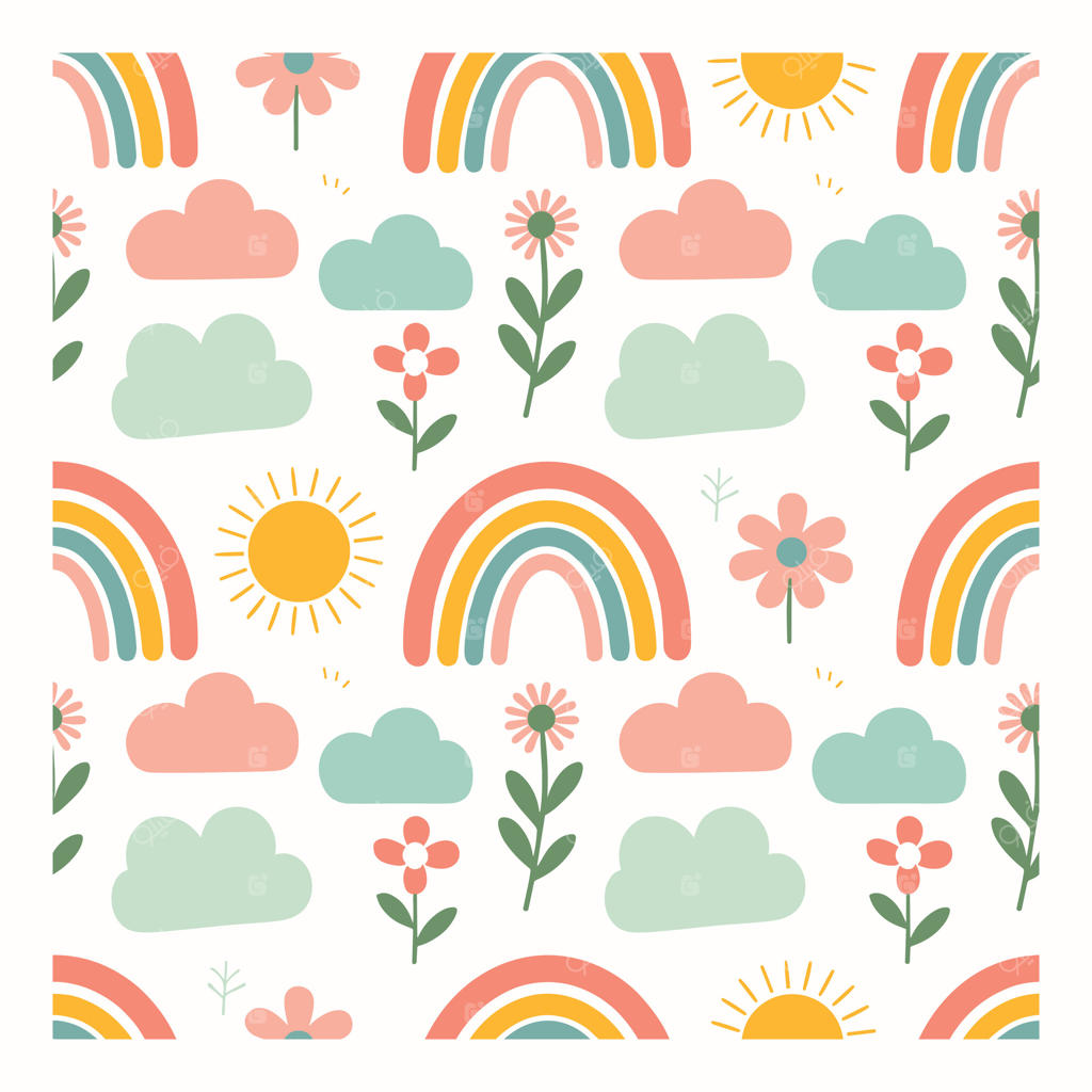 طرح یکپارچه با رنگین‌کمان‌های زیبا، ابرها، خورشید و گل‌ها؛ پس‌زمینه‌ی رنگارنگ بهاری برای طراحی اتاق کودک، پارچه، کاغذ دیواری و لوازم‌التحریر