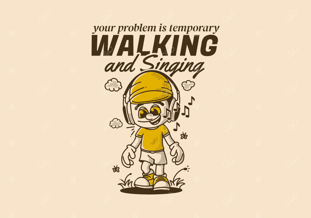 پسرک با هدفون بزرگ در حال آواز خواندن و قدم زدن - تصویرسازی شخصیت قدیمی