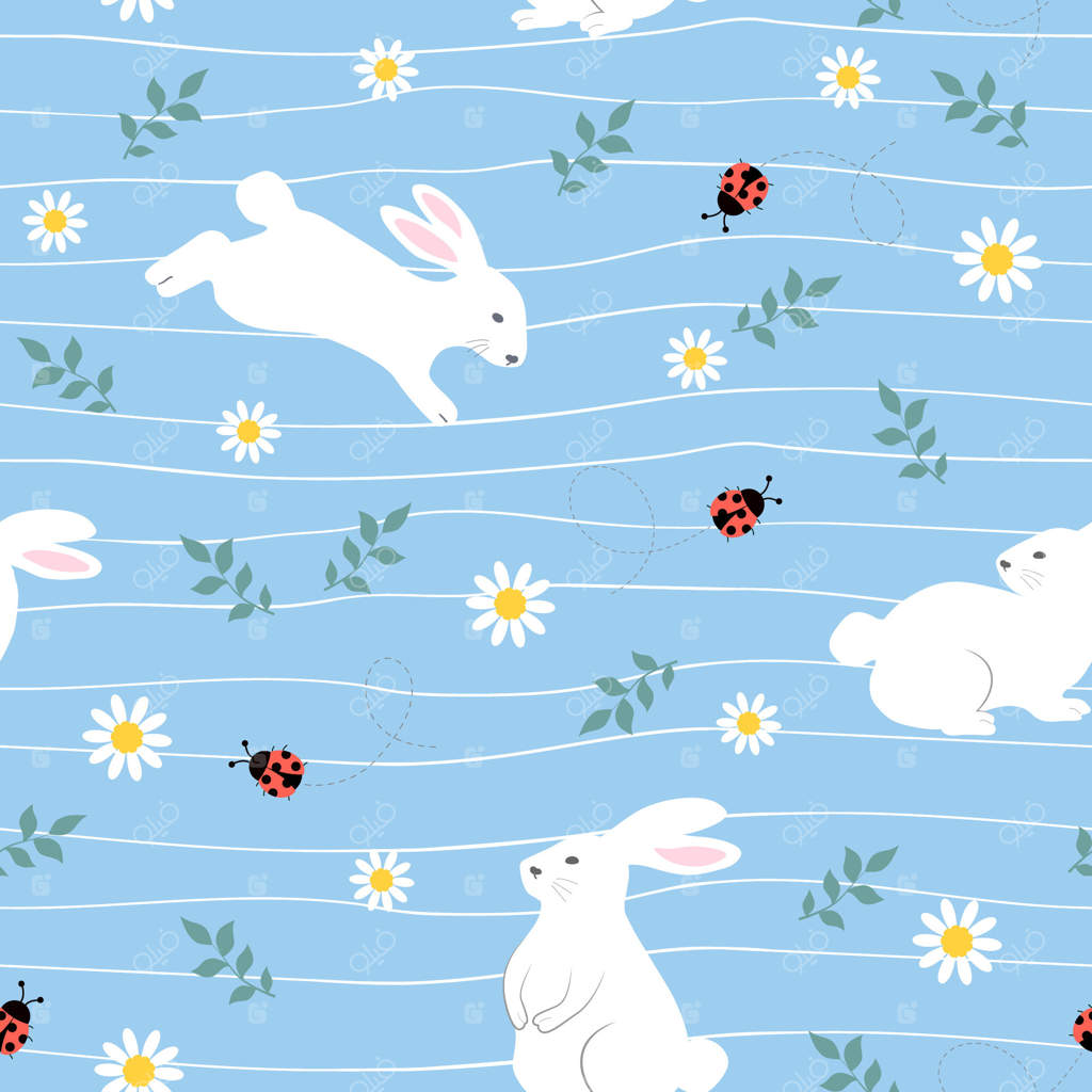 پترن گل‌های بهاری عید پاک با خرگوش‌های بامزه و کفشدوزک‌ها در باغ بهاری