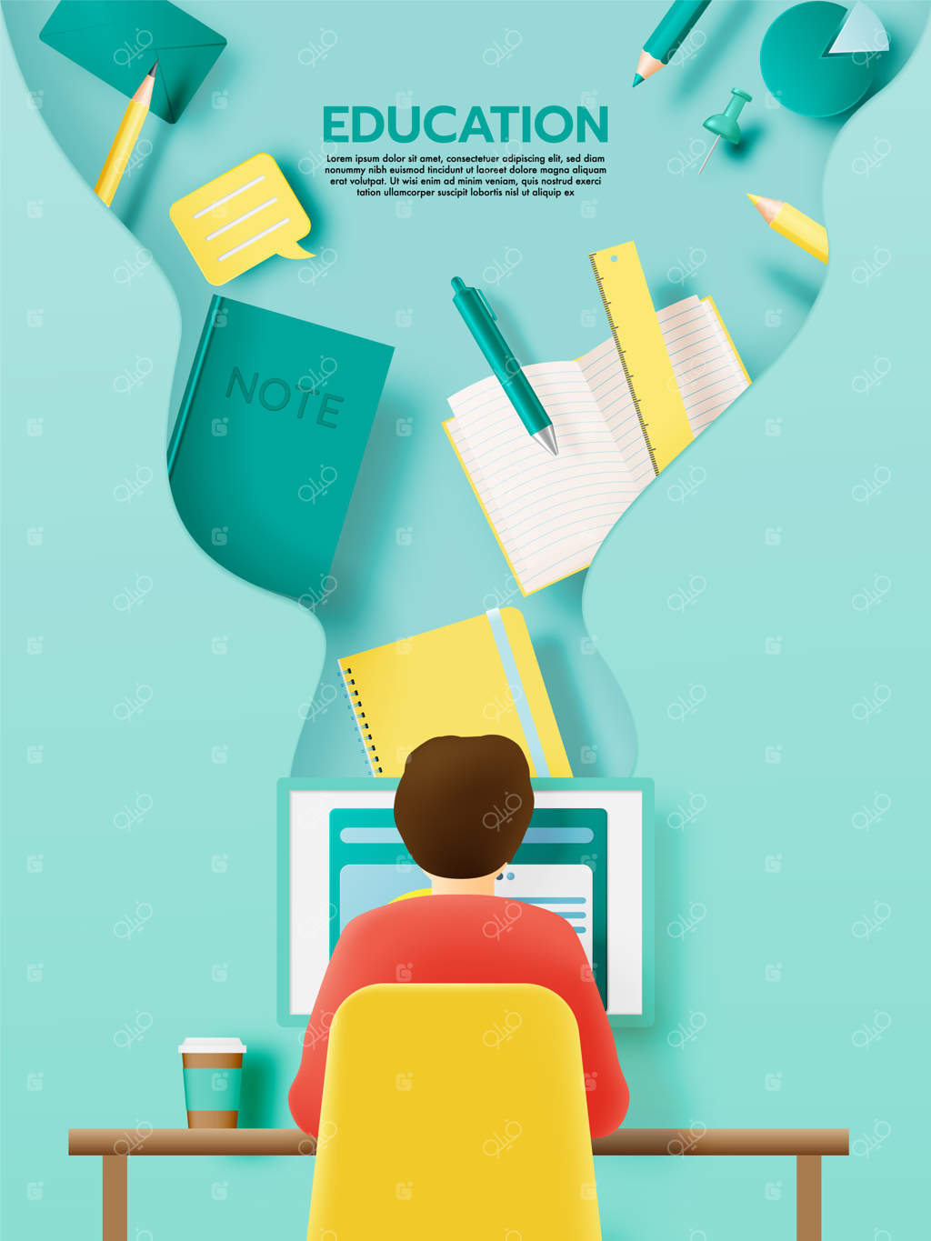 آماده‌سازی دانش‌آموز برای رفتن به دانشگاه با لوازم‌التحریر در طرح رنگی پاستلی - تصویر وکتور