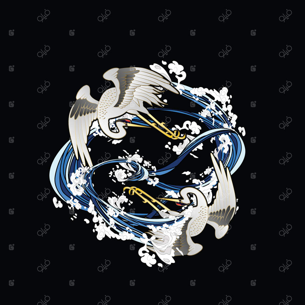 طراحی تصویر جرثقیل برای سوکاجان به معنای لباس یا تی‌شرت سنتی ژاپنی و لوگو است