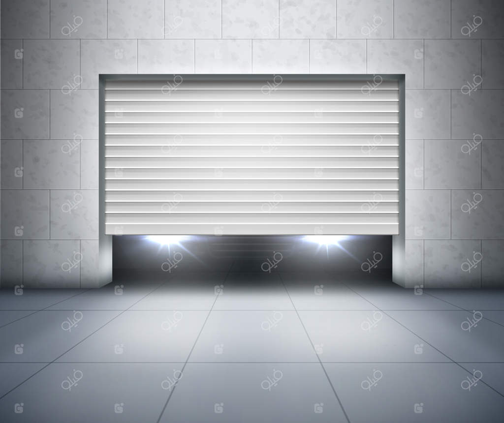 باز کردن شاتر و روشنایی چراغ‌های ماشین در داخل گاراژ با دیوارهای خاکستری بتنی