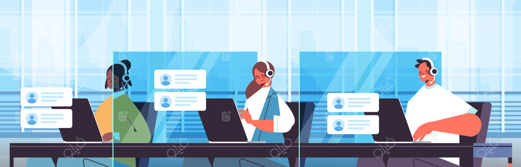 اپراتورهای مرکز تماس با هدست در حال گفتگو با مشتریان؛ پرترهٔ نمایندگان خدمات مشتری در دفتر کارمزدانان پشتیبانی