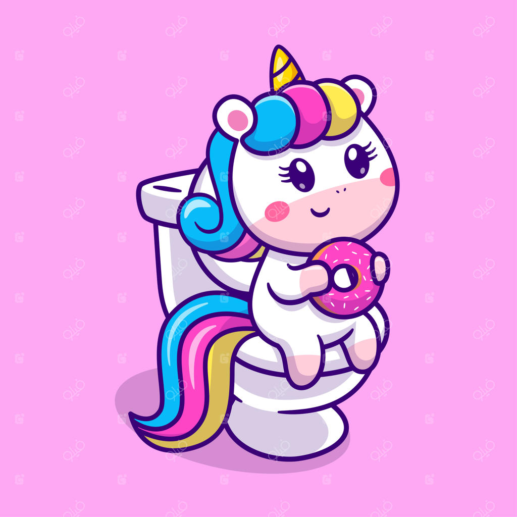 کارتون بامزه‌ی یونیکورن در حال خوردن دونات در توالت - سبک کارتونی تخت مهربانانه