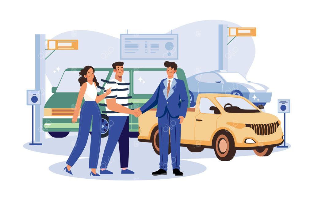 زوج خوشحال در حال دست دادن با مدیر در نمایشگاه اتومبیل