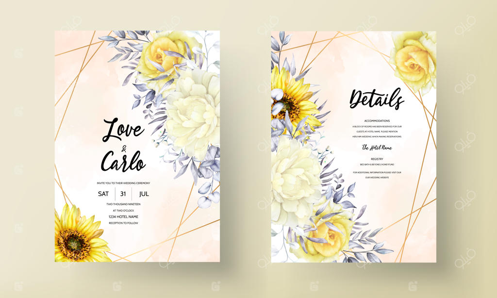 کارت دعوت عروسی شیک با طرح گل‌های آبرنگی