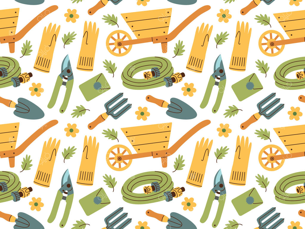 پترن یکپارچه از وسایل باغبانی به سبک دستی. ابزارهای کشاورزی و باغ برای کارهای بهاری.