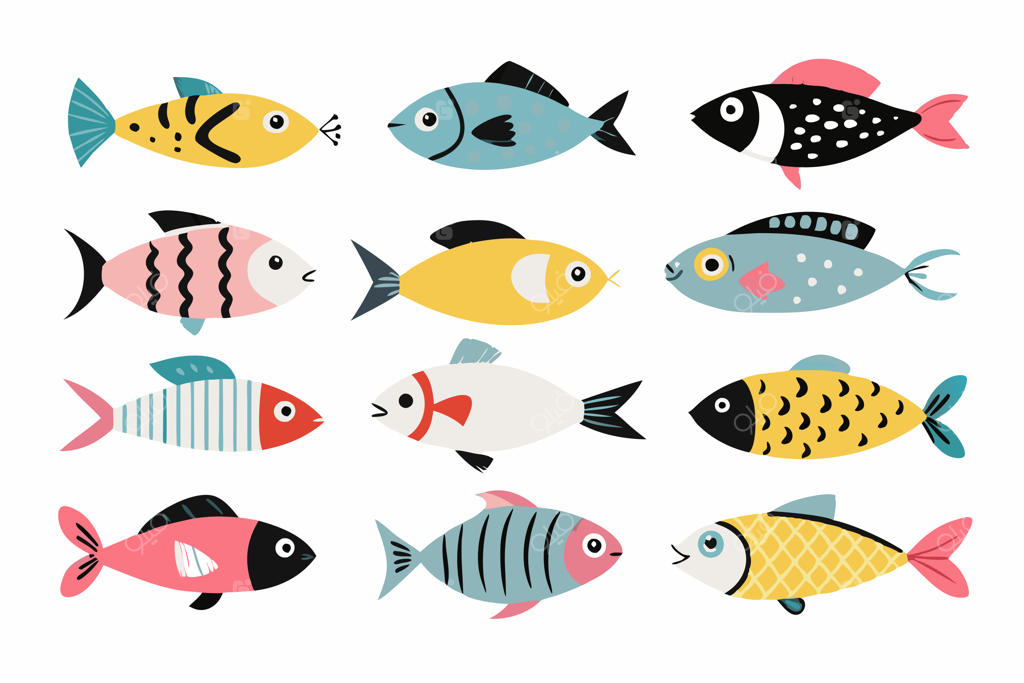 تصویرسازی ماهی‌ها به سبک تخت در پس‌زمینه سفید