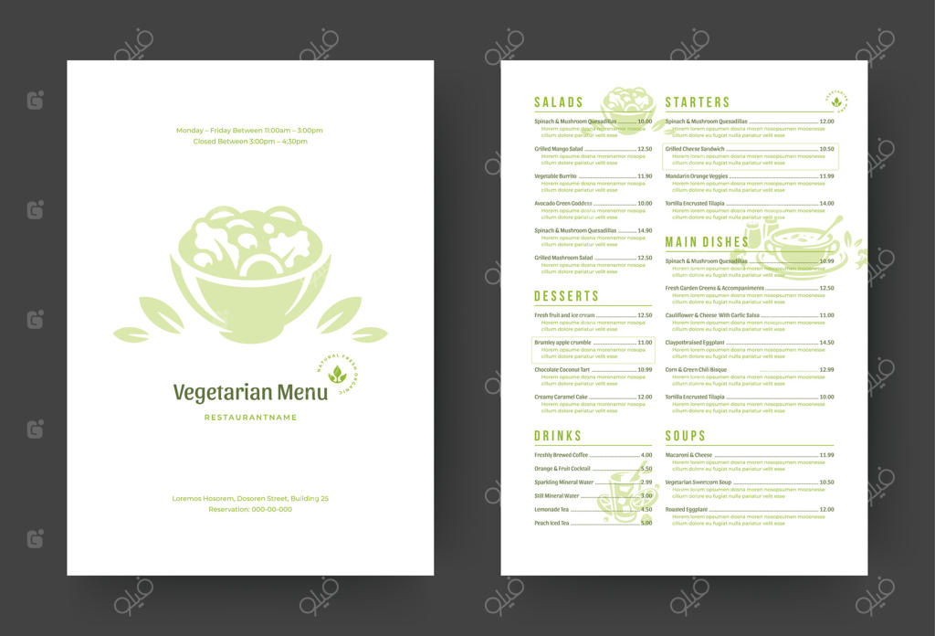 طراحی بروشور منو رستوران گیاهی یا الگوی تراکت غذایی.