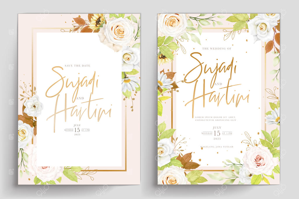 طراحی کارت با حلقه گل آفتابگردان و رز زیبا