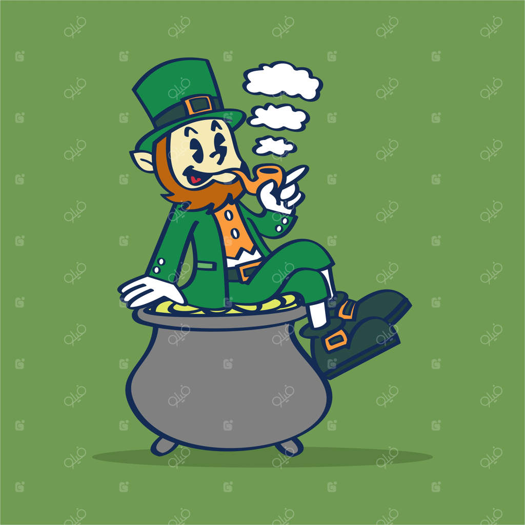 تصویر کارتونی طراحی دستی از جن ایرلندی نشسته روی دیگ طلا