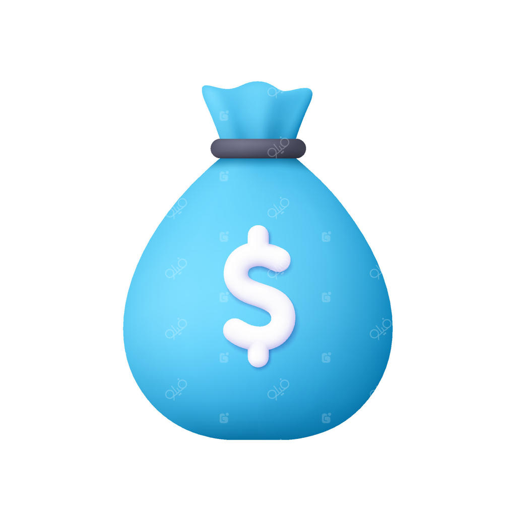 کیسه پول آبی با نماد دلار سفید: مفهوم تجارت، امور مالی، بانکداری، پس‌انداز، معاملات و سرمایه‌گذاری. آیکون سه‌بعدی در سبک کارتونی ساده.