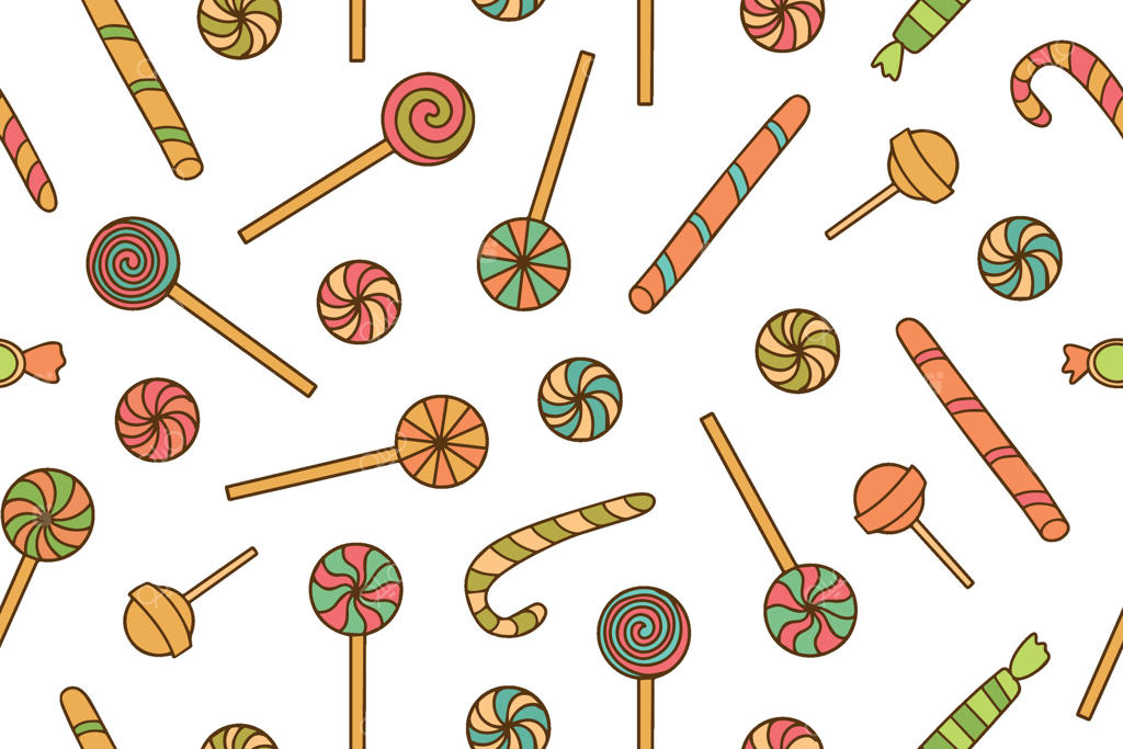 الگوی یکپارچه آبنبات‌های چوبی رنگارنگ با اشکال متنوع - طراحی دستی. پس‌زمینه مناسب برای روز ولنتاین و دکوراسیون قنادی.