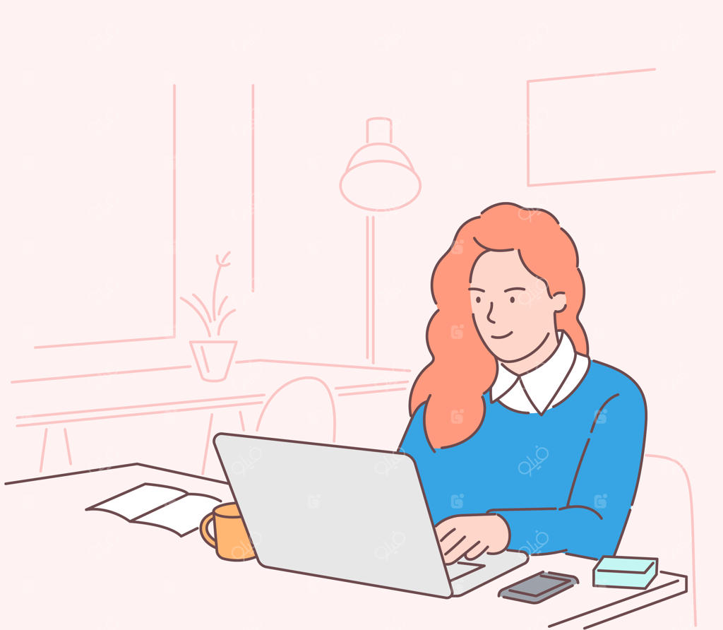 شخصیت کارتونی زن تاجر جوان و خوشحال در حال نشستن پشت میز کار با قهوه و لپ‌تاپ