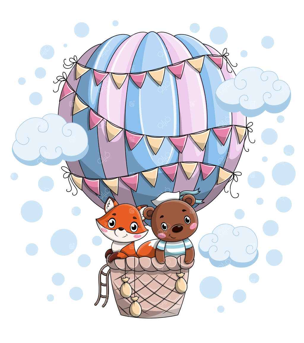 خرس و روباه کوچولو با بادکنک هوایی در حال پرواز هستند