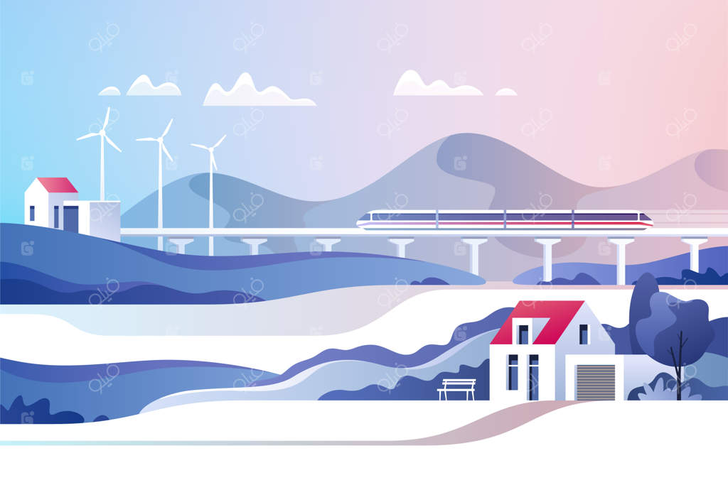 چشم‌انداز انتزاعی منطقه روستایی با تپه‌ها، مزارع و قطار.