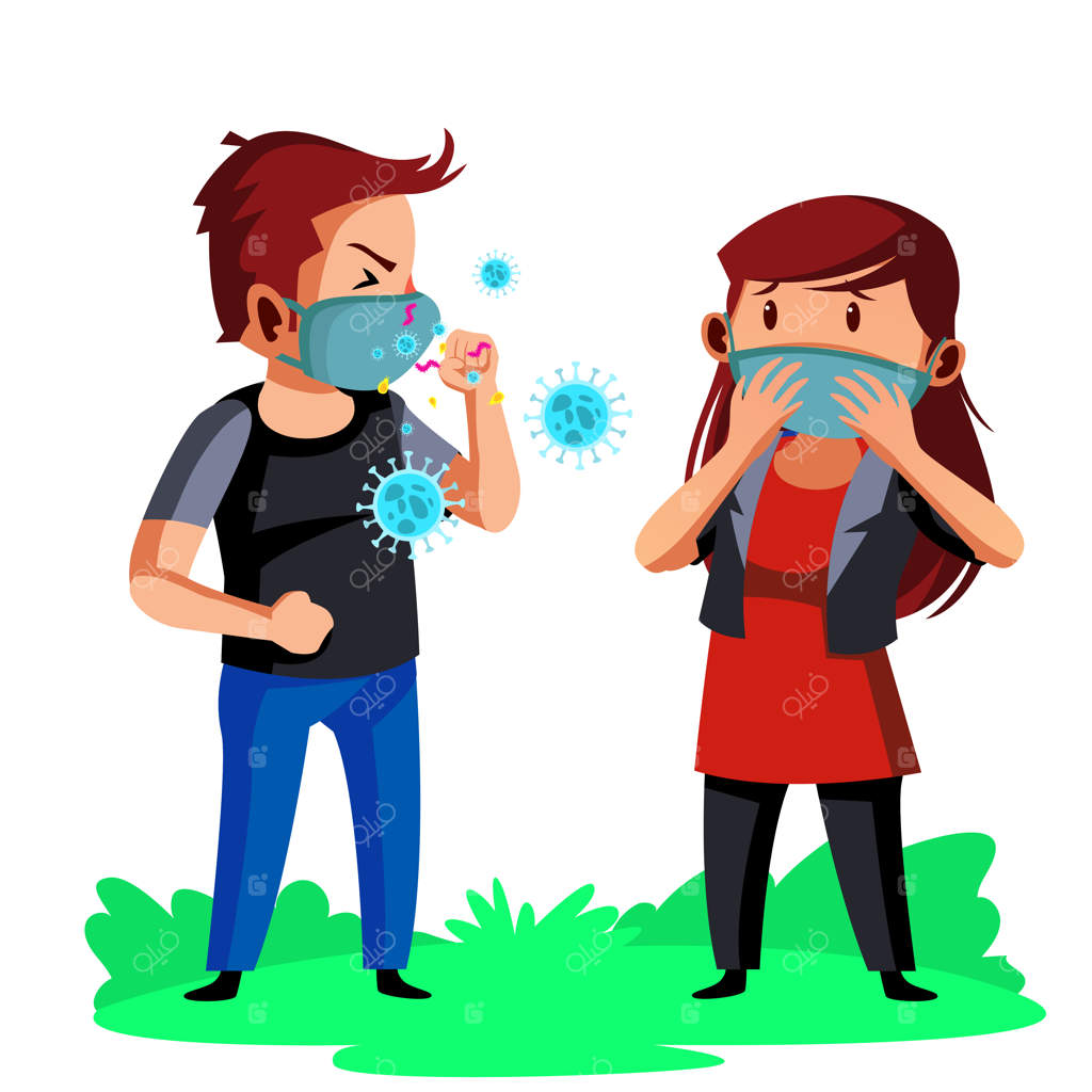مرد جوان ماسک زده سرفه می‌کند و زن جوان برای محافظت از آلودگی ماسک می‌زند
