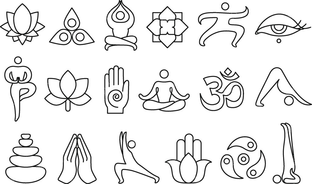 آیکون های یوگا خطی: مجموعه‌ای از طرح‌های خطی حرکات مدیتیشن، سنگ‌های ذن، گل لوتوس و نمادهای انرژی چاکرا