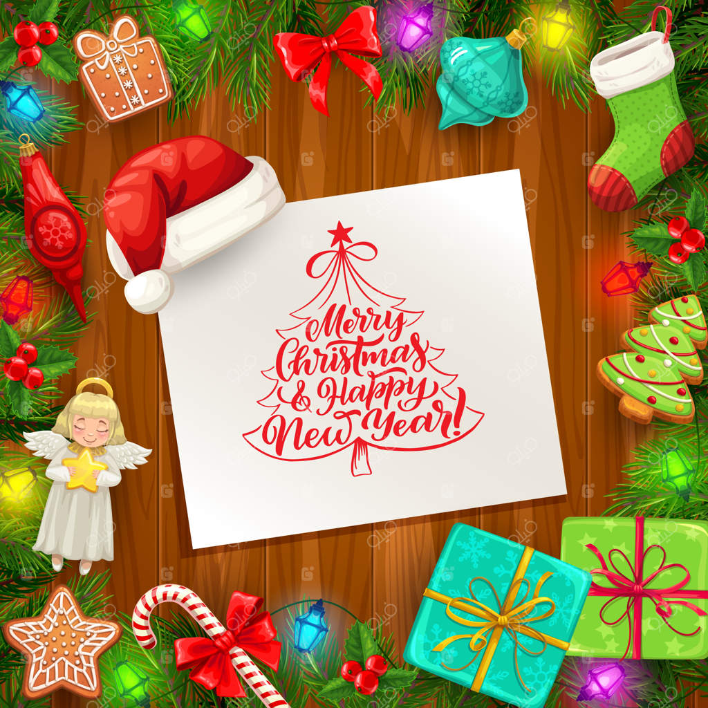 کارت تبریک کریسمس و سال نو با قاب درخت و هدایا بر روی زمینه چوبی.