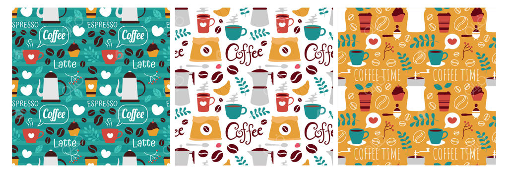 طراحی پترن یکپارچه زمان قهوه با دانه‌های کاکائو، دانه‌های قهوه و قوری در تصویرسازی کارتونی