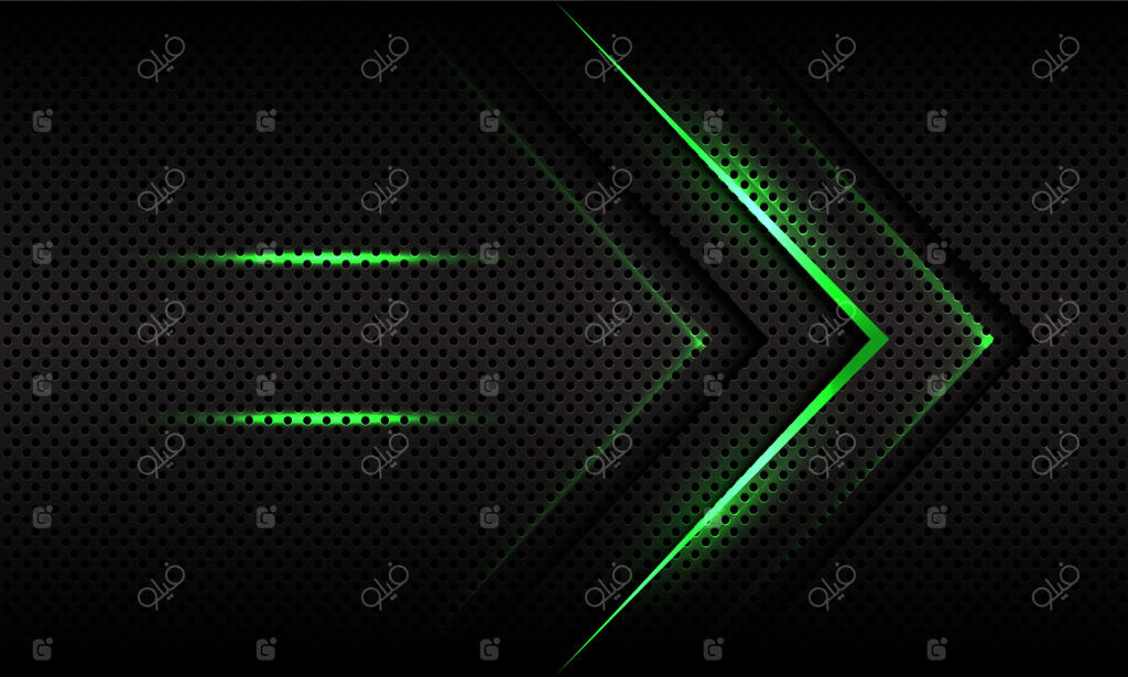 جهت فلش سبز انتزاعی روی مشبک فلزی خاکستری تیره آینده‌نگر.