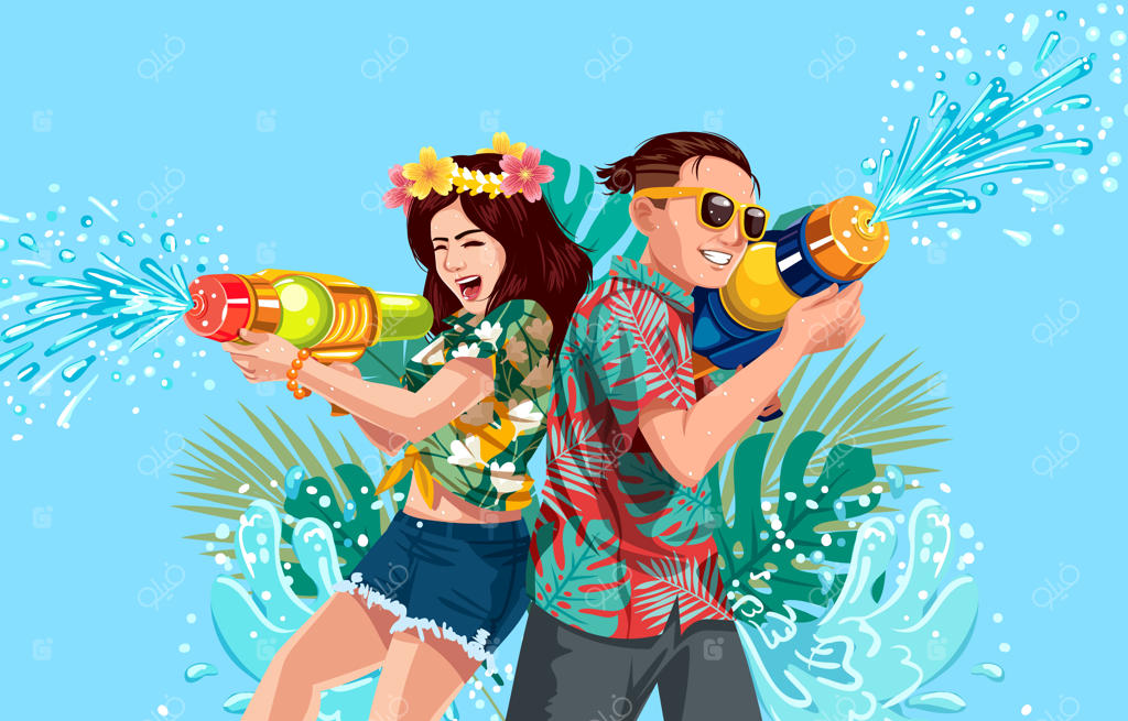 زوجی در حال بازی با تفنگ آب‌پاش در جشن سونگکران