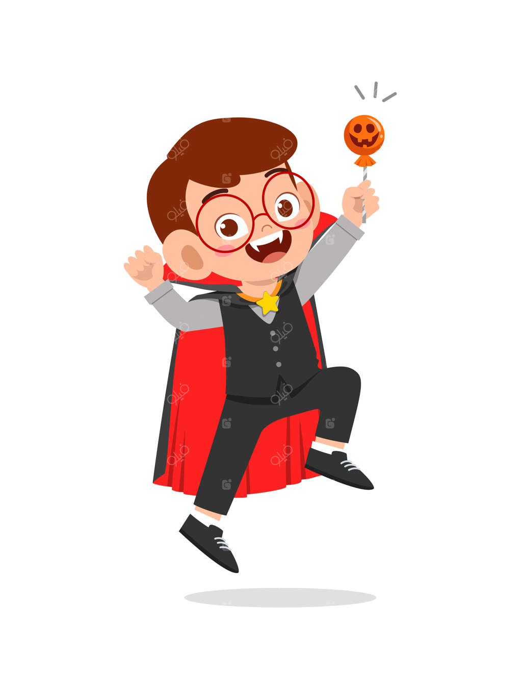 کودک بامزه و خوشحال هالووین را با لباس خون‌آشام دراکولا و شنل جشن می‌گیرد