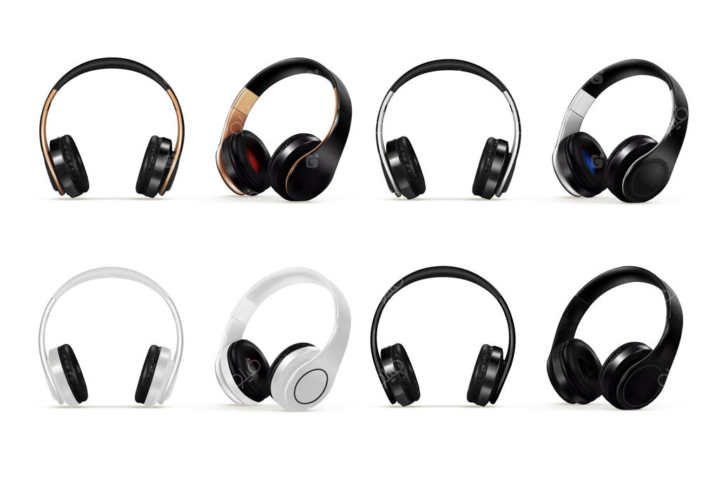 هدست برای گوش‌دادن به موسیقی یا هدفون بلندگو: دستگاه صوتی بی‌سیم و واقع‌گرایانه، تجهیزات استودیویی قابل‌حمل، تصویر‌سازی وکتور، جدا شده بر روی پس‌زمینه سفید