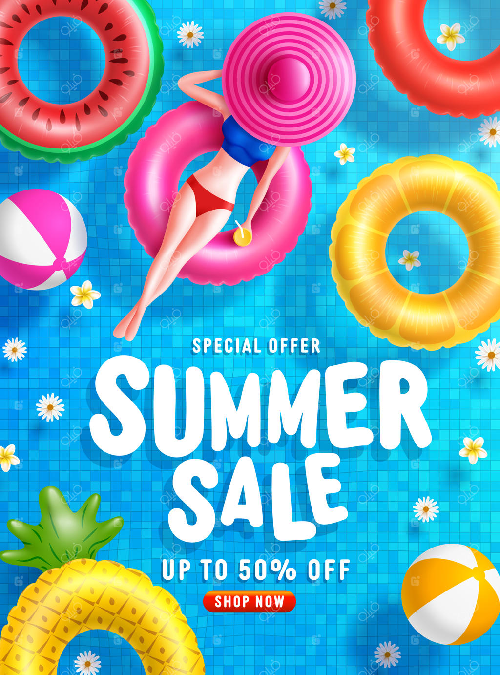 قالب بنر حراج تابستانی با حضور بانوان روی شناورهای گرد در استخر کاشی‌کاری‌شده