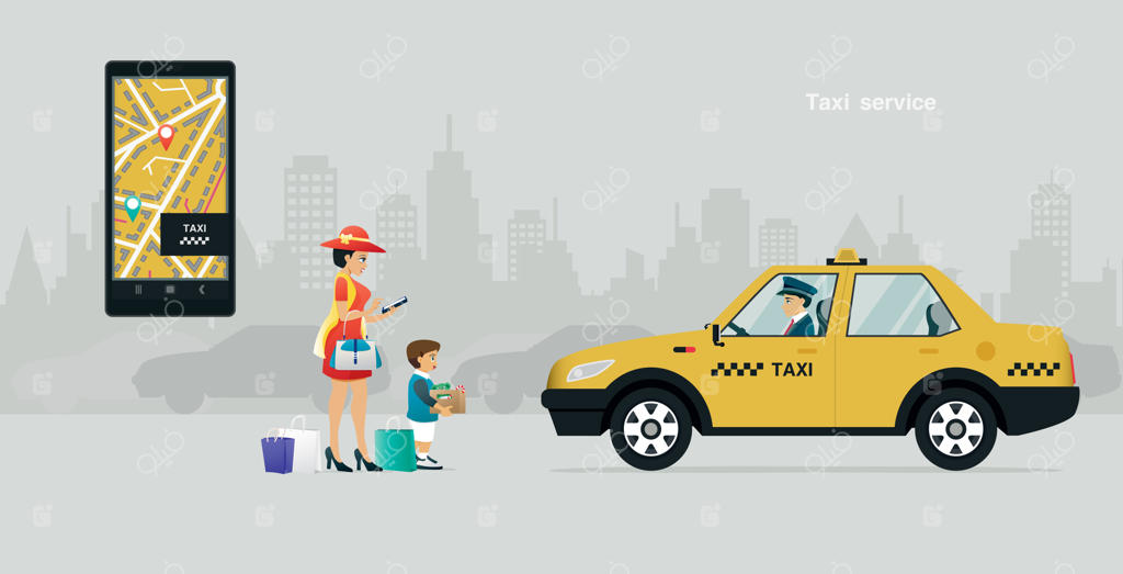 مادر و فرزند در حال درخواست تاکسی از طریق اپلیکیشن موبایل با زمینه خاکستری