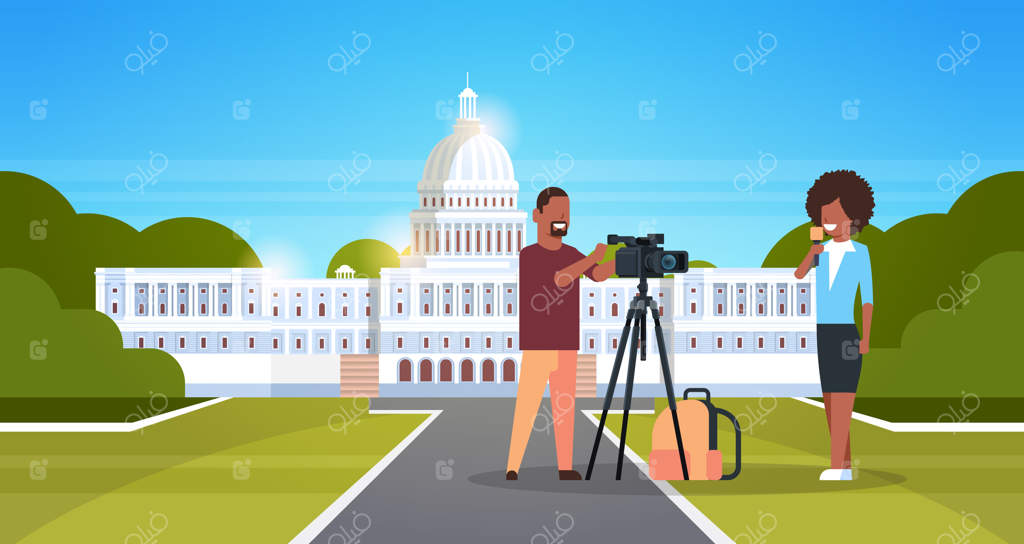 خبرنگار زن در حال ارائه اخبار زنده به همراه خبرنگار مرد، تصویربرداری در کاخ سفید واشنگتن دی‌سی