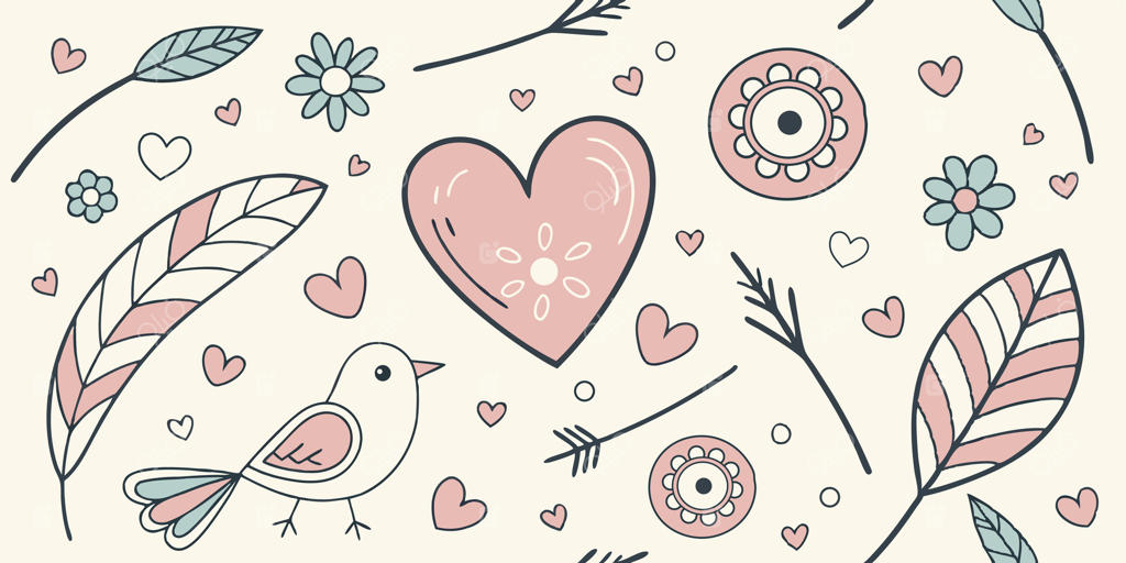 پترن نقاشی جذاب صورتی و آبی با قلب‌ها، گل‌ها، پرندگان و پرها