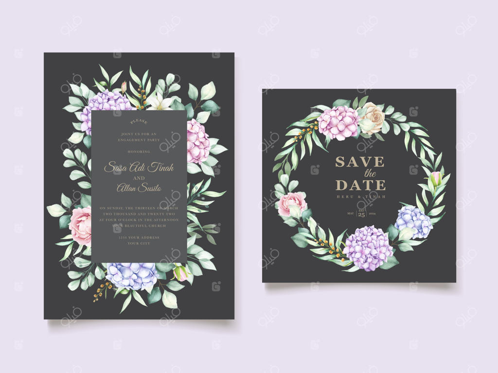 مجموعه کارت دعوت عروسی با طراحی گل‌های هورتانسیا آبرنگی و شیک