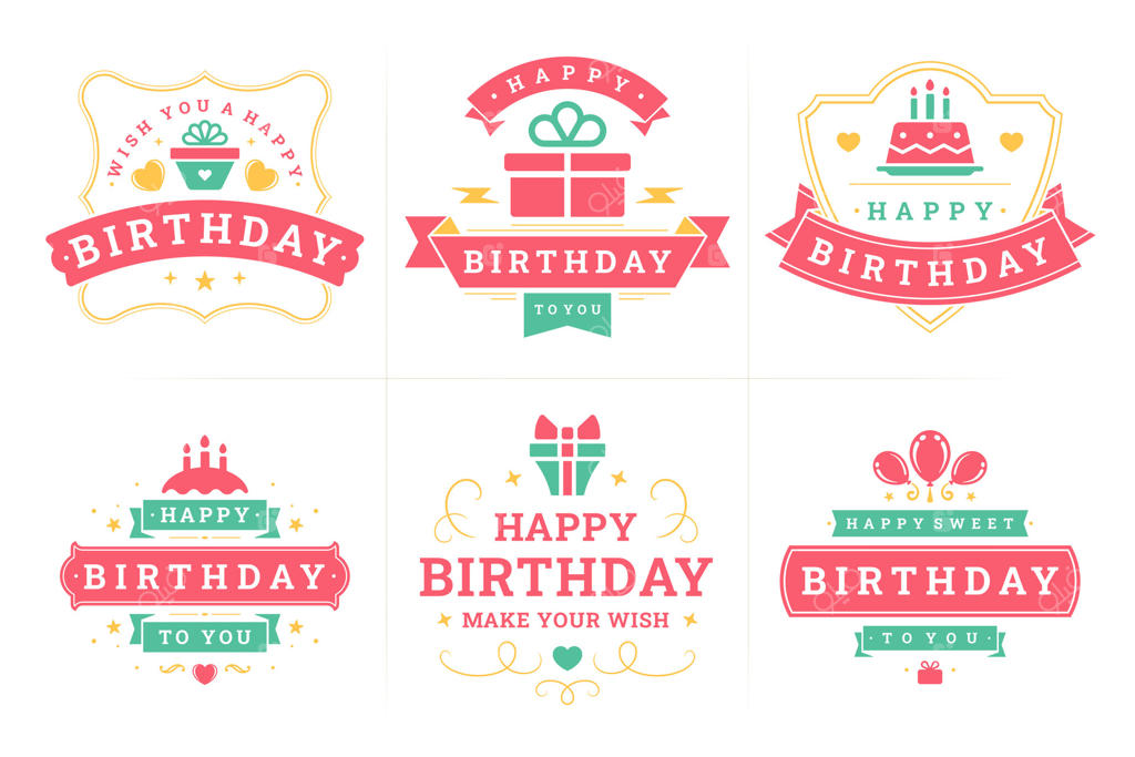 طراحی کارت تبریک تولدت مبارک با برچسب‌ها و نشان‌های کلاسیک و فلت