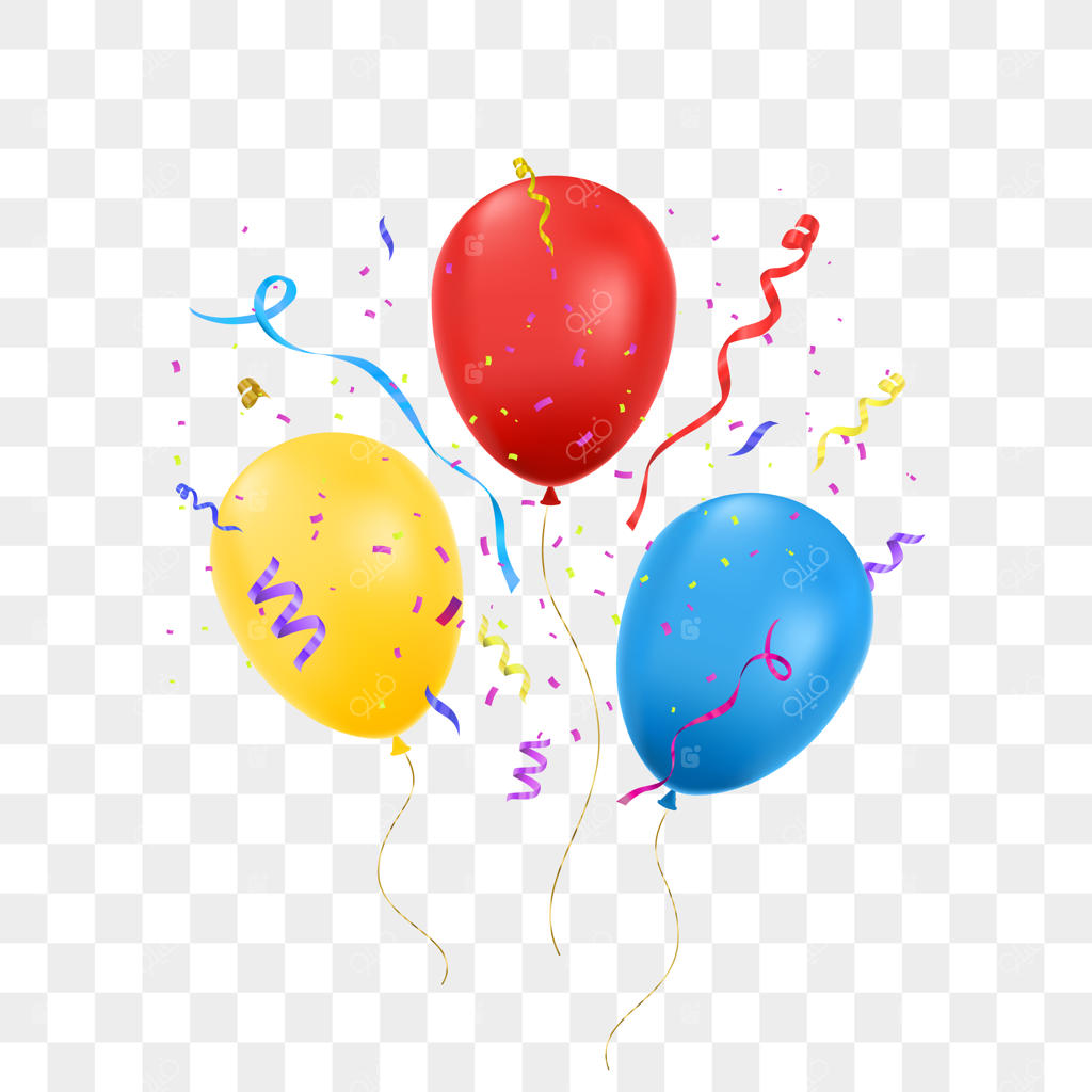 بادکنک‌های تولد با کنفتی روی پس‌زمینه شفاف.