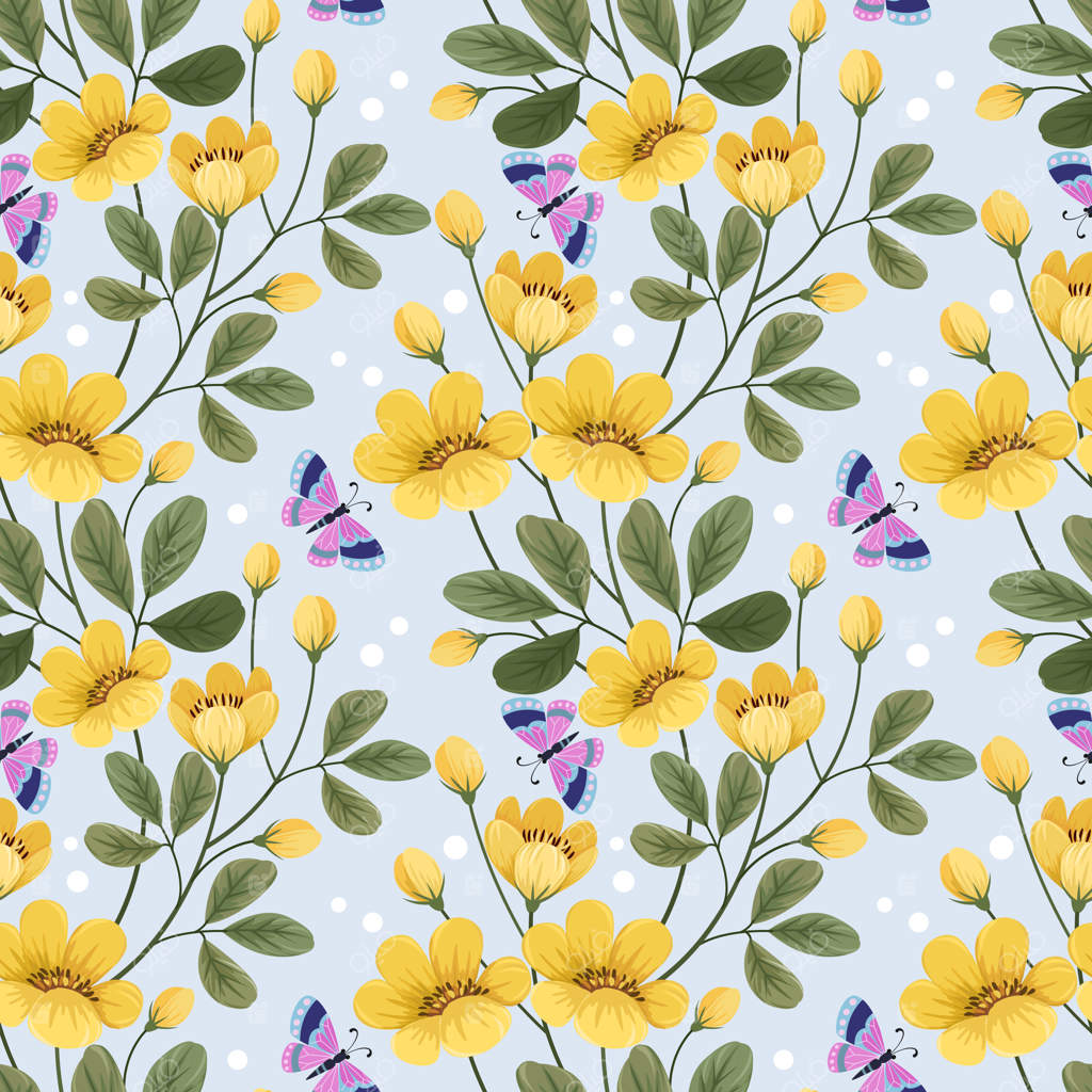 طرح گل‌های زرد رنگارنگ و پروانه برای پارچه و کاغذ دیواری
