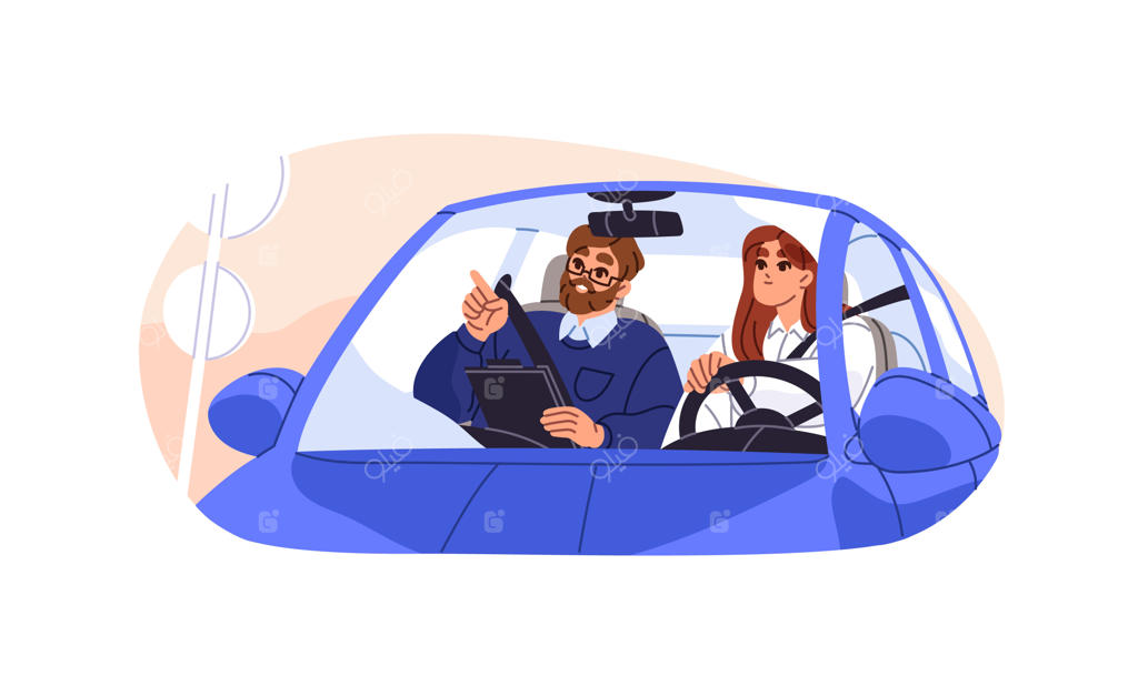 آموزش رانندگی به هنرجوی دختر توسط مربی برای دریافت گواهینامه و یادگیری قوانین؛ تصویر وکتور تخت (فلت) روی پس‌زمینه سفید