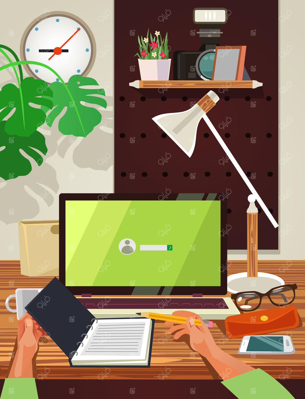 نمای بالا از محیط کار. تصویرسازی کارتونی ساده