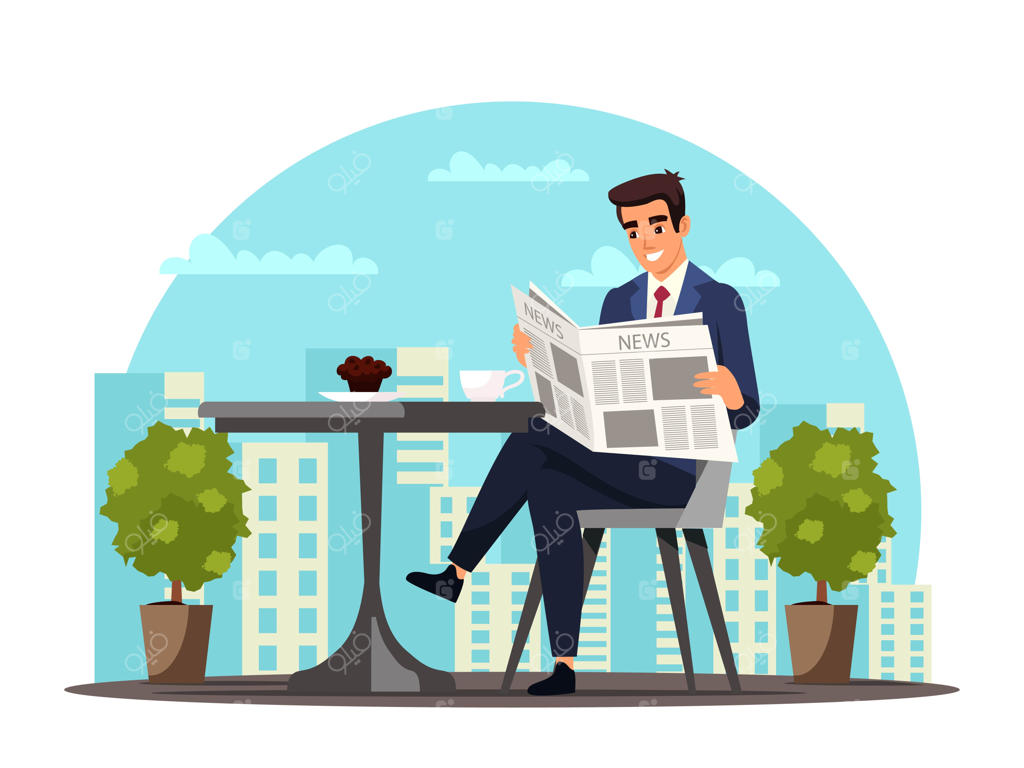 تاجر در زمان استراحت کاری در کافه قهوه می‌نوشد