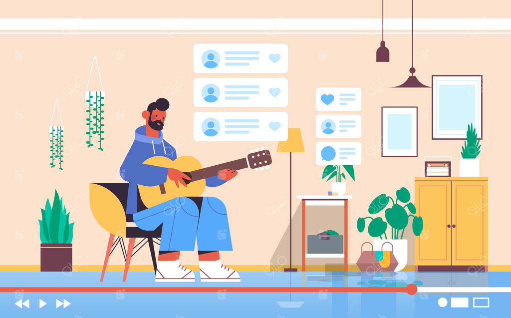 وبلاگ‌نویسی مرد گیتاریست ضبط ویدئو آنلاین و استریم زنده در اتاق نشیمن