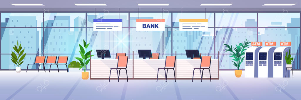 طراحی داخلی مدرن دفتر بانک با دستگاه‌های خودپرداز و میزهای کارمندان: فضای لابی با مبلمان و دستگاه‌های خودپرداز - مفهوم اتوماسیون در بانکداری