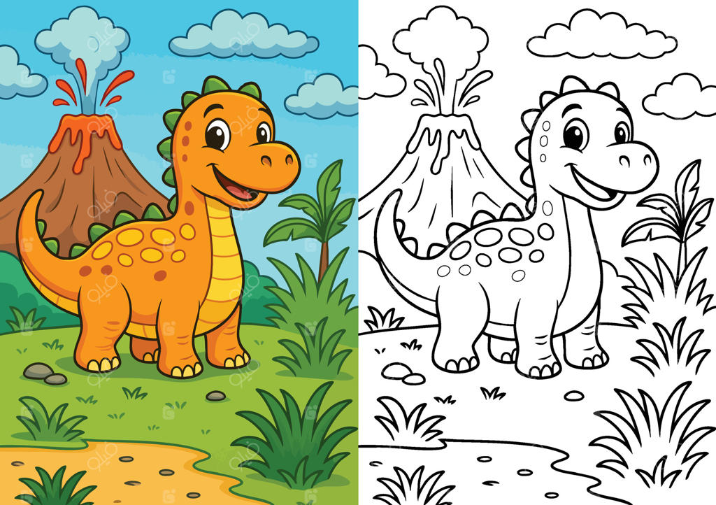 صفحه رنگ آمیزی دایناسور بامزه برای کودکان - طرح کارتونی با لبخند، آتشفشان، ابرها و گیاهان جنگلی، نسخه رنگی و خطی قابل چاپ
