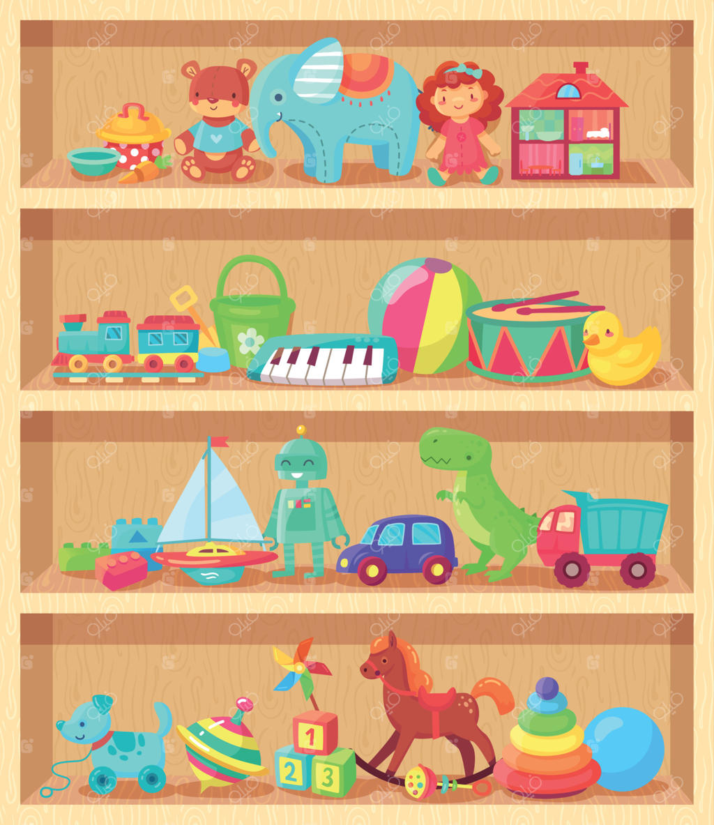 اسباب‌بازی‌های کارتونی روی قفسه‌های چوبی. پیانو بچگانه حیوانات بامزه، عروسک دختر و خرس پولیشی. مجموعه‌ای از اسباب‌بازی‌های کودکان روی قفسه‌های خرید وکتور