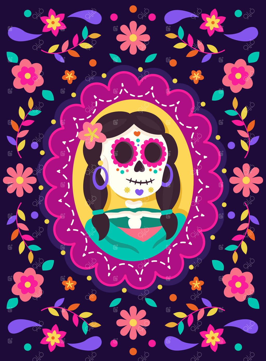 نقاشی مکزیکی از یک جمجمه رنگارنگ با گل‌ها و تزئینات